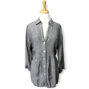 FOXCROFT LINEN SHAPED FIT GRAY BLUE BUTTON DOWN SHIRT BLOUSE